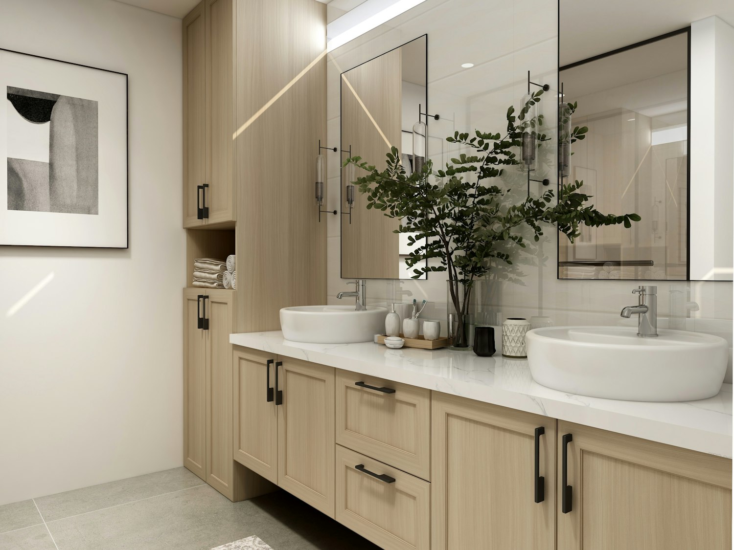 Modern bathroom with walk-in shower and tile — Houston remodel